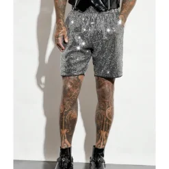 OUKU Men's Shorts Summer Shorts Casual Shorts Pocket Elastic Waist Sequin Plain Comfort Breathable Short Outdoor Vacation Sport Casual Silver Black