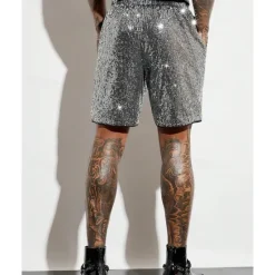 OUKU Men's Shorts Summer Shorts Casual Shorts Pocket Elastic Waist Sequin Plain Comfort Breathable Short Outdoor Vacation Sport Casual Silver Black