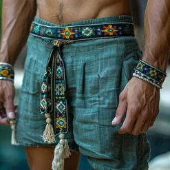 Online OUKU Men's Shorts Summer Shorts Beach Shorts Pocket With Belt Plain Comfort Breathable Short Vacation Holiday Beach Hawaiian Boho Blue