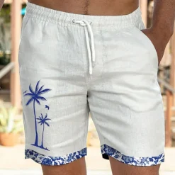 New OUKU Men's Shorts Summer Shorts Beach Shorts Pocket Drawstring Elastic Waist Coconut Tree Patchwork Comfort Breathable Short Casual Daily Holiday Sports Fashion White Sky Blue