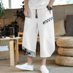 OUKU Men's Shorts Summer Shorts Bloomers Capri Pants Drawstring Elastic Waist Side Button Patchwork Comfort Breathable Calf-Length Casual Daily Holiday Fashion Ethnic Style Black White