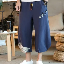 OUKU Men's Shorts Summer Shorts Bloomers Capri Pants Drawstring Elastic Waist Side Button Patchwork Comfort Breathable Calf-Length Casual Daily Holiday Fashion Ethnic Style Black White