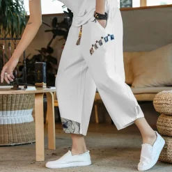 OUKU Men's Shorts Summer Shorts Bloomers Capri Pants Drawstring Elastic Waist Side Button Patchwork Comfort Breathable Calf-Length Casual Daily Holiday Fashion Ethnic Style Black White