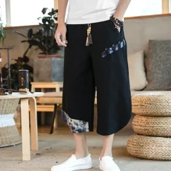 OUKU Men's Shorts Summer Shorts Bloomers Capri Pants Drawstring Elastic Waist Side Button Patchwork Comfort Breathable Calf-Length Casual Daily Holiday Fashion Ethnic Style Black White