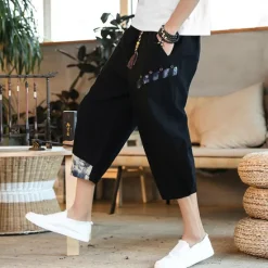 OUKU Men's Shorts Summer Shorts Bloomers Capri Pants Drawstring Elastic Waist Side Button Patchwork Comfort Breathable Calf-Length Casual Daily Holiday Fashion Ethnic Style Black White