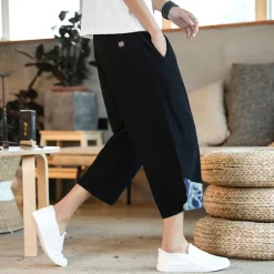 OUKU Men's Shorts Summer Shorts Bloomers Capri Pants Drawstring Elastic Waist Side Button Patchwork Comfort Breathable Calf-Length Casual Daily Holiday Fashion Ethnic Style Black White