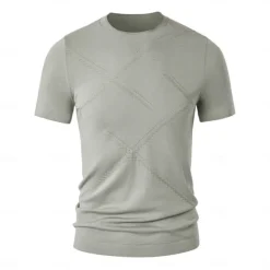 Best OUKU Men's Silk Linen Cotton T Shirt Line Texture Crew Neck School Short Sleeve Crewneck Clothing Apparel Knitwear Vacation Vintage Neutral