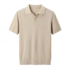 Sale OUKU Men's SIlk Linen Cotton Turndown V Neck Knit T Shirt School Training Short Sleeve Clothing Apparel Knitwear Vacation Vintage Neutral