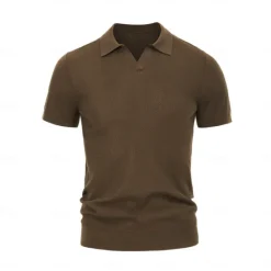 Sale OUKU Men's SIlk Linen Cotton Turndown V Neck Knit T Shirt School Training Short Sleeve Clothing Apparel Knitwear Vacation Vintage Neutral