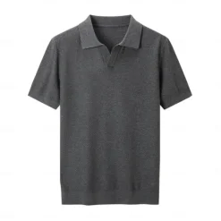 Sale OUKU Men's SIlk Linen Cotton Turndown V Neck Knit T Shirt School Training Short Sleeve Clothing Apparel Knitwear Vacation Vintage Neutral