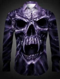 Best OUKU Men's Skeleton Halloween Costumes Shirt Button Up Shirt Long Sleeve Gothic Daily Wear Going out Spring & Summer Turndown Print Button-Down Yellow Purple Khaki Gray