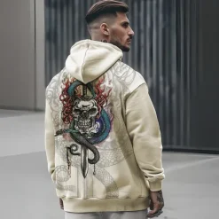 New OUKU Men's Skeleton Snake Hoodie Hoodies Sweatshirt Punk Gothic Long Sleeve Hooded Party Holiday Streetwear Black White Print Front Pocket Spring & Fall Designer