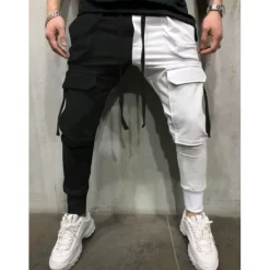 Best OUKU Men's Skinny Joggers Tapered pants Trousers Casual Pants Patchwork Drawstring Elastic Waist Solid Colored Sports Full Length Casual Daily Streetwear Sports Chino Slim Black-White White & Blue