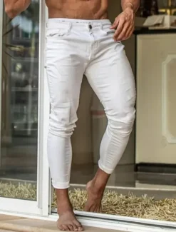 Sale OUKU Men's Skinny Trousers Chinos Chino Pants Casual Pants Pocket Plain Comfort Soft Full Length Outdoor Daily Going out Fashion Streetwear Black White Micro-elastic