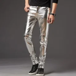 Outlet OUKU Men's Skinny Trousers Faux Leather Pants Casual Pants Patchwork Pocket Solid Color Comfort Lightweight Party Club Streetwear Streetwear Stylish Black Golden