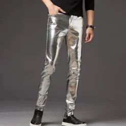 Outlet OUKU Men's Skinny Trousers Faux Leather Pants Casual Pants Patchwork Pocket Solid Color Comfort Lightweight Party Club Streetwear Streetwear Stylish Black Golden