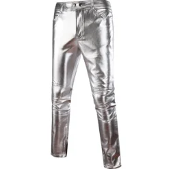 Discount OUKU Men's Skinny Trousers Faux Leather Pants Straight Leg Solid Colored Full Length Party Going out Club Streetwear Stylish Silver Black Micro-elastic