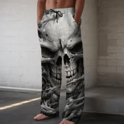 Best OUKU Men's Skull Casual Pants Mid Waist Holiday Straight Leg Summer Spring 3D Print Black