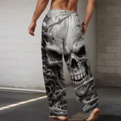 Best OUKU Men's Skull Casual Pants Mid Waist Holiday Straight Leg Summer Spring 3D Print Black