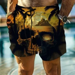 Hot OUKU Men's Skull Coconut Tree Swim Trunks Swim Shorts Board Shorts Mid Waist Vacation Hawaiian Holiday Vacation Holiday Beach Drawstring with Mesh lining Elastic Waist Designer Clothing Apparel
