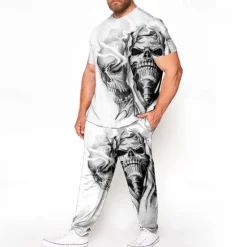 Outlet OUKU Men's Skull 3D Print Graphic Prints 2pcs Tees sets Matching Sets Short Sleeve Long pants Crew Neck Fashion Streetwear Casual Outdoor Daily Sports 3D Print Spring & Summer White Blue Brown