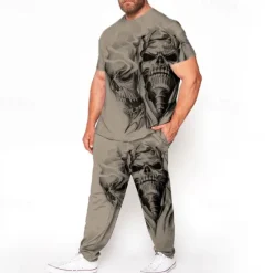 Outlet OUKU Men's Skull 3D Print Graphic Prints 2pcs Tees sets Matching Sets Short Sleeve Long pants Crew Neck Fashion Streetwear Casual Outdoor Daily Sports 3D Print Spring & Summer White Blue Brown