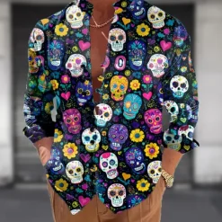 New OUKU Men's Skull Day of the Dead Rose Shirt Stand Collar Shirt Long Sleeve Dark Gothic Style Outdoor Holiday Spring Fall Mandarin Collar Band Collar Button-Down Linen Like Shirt Blue Purple Green