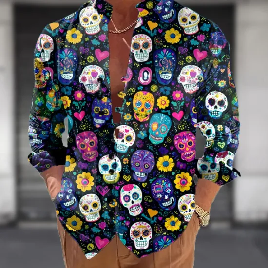 New OUKU Men's Skull Day of the Dead Rose Shirt Stand Collar Shirt Long Sleeve Dark Gothic Style Outdoor Holiday Spring Fall Mandarin Collar Band Collar Button-Down Linen Like Shirt Blue Purple Green