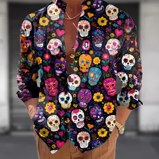 New OUKU Men's Skull Day of the Dead Rose Shirt Stand Collar Shirt Long Sleeve Dark Gothic Style Outdoor Holiday Spring Fall Mandarin Collar Band Collar Button-Down Linen Like Shirt Blue Purple Green