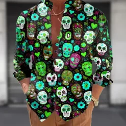 New OUKU Men's Skull Day of the Dead Rose Shirt Stand Collar Shirt Long Sleeve Dark Gothic Style Outdoor Holiday Spring Fall Mandarin Collar Band Collar Button-Down Linen Like Shirt Blue Purple Green