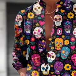 New OUKU Men's Skull Day of the Dead Rose Shirt Stand Collar Shirt Long Sleeve Dark Gothic Style Outdoor Holiday Spring Fall Mandarin Collar Band Collar Button-Down Linen Like Shirt Blue Purple Green