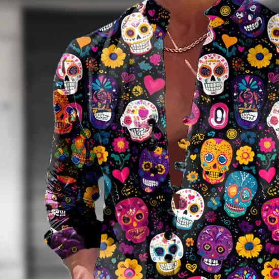 New OUKU Men's Skull Day of the Dead Rose Shirt Stand Collar Shirt Long Sleeve Dark Gothic Style Outdoor Holiday Spring Fall Mandarin Collar Band Collar Button-Down Linen Like Shirt Blue Purple Green
