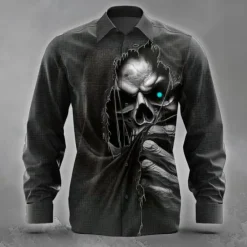 Clearance OUKU Men's Skull Death Ripped Shirt Button Up Shirt Long Sleeve Dark Punk Gothic Style Holiday Streetwear Summer Spring Turndown 3D Print Collared Shirts Black 1 Black 3 Black Black 2