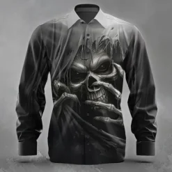 Clearance OUKU Men's Skull Death Ripped Shirt Button Up Shirt Long Sleeve Dark Punk Gothic Style Holiday Streetwear Summer Spring Turndown 3D Print Collared Shirts Black 1 Black 3 Black Black 2