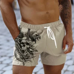 Online OUKU Men's Skull Eagle Snake Swim Trunks Swim Shorts Board Shorts Mid Waist Punk & Gothic Vacation Party Holiday with Mesh lining Elastic Waist 3D Print Designer Clothing Apparel