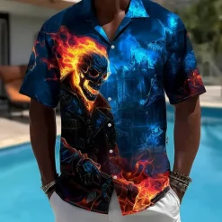 Hot OUKU Men's Skull Flame Halloween Costumes Shirt Cuban Collar Shirt Button Up Shirt Short Sleeve Dark Punk Gothic Style Holiday Streetwear Summer Camp Collar Shirt 3D Print Blue 2# Blue 1# Dark Blue