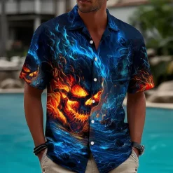 Hot OUKU Men's Skull Flame Halloween Costumes Shirt Cuban Collar Shirt Button Up Shirt Short Sleeve Dark Punk Gothic Style Holiday Streetwear Summer Camp Collar Shirt 3D Print Blue 2# Blue 1# Dark Blue
