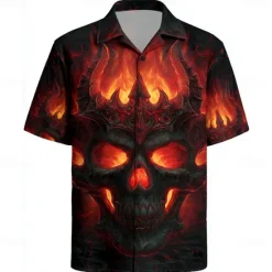 New OUKU Men's Skull Flame Halloween Costumes Shirt Cuban Collar Shirt Button Up Shirt Short Sleeve Dark Punk Gothic Style Holiday Streetwear Summer Camp Collar Shirt 3D Print Red Orange