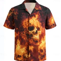 New OUKU Men's Skull Flame Halloween Costumes Shirt Cuban Collar Shirt Button Up Shirt Short Sleeve Dark Punk Gothic Style Holiday Streetwear Summer Camp Collar Shirt 3D Print Red Orange