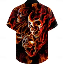 New OUKU Men's Skull Flame Halloween Costumes Shirt Button Up Shirt Short Sleeve Casual Dark Daily Holiday Summer Turndown Button Up 3D Print Red