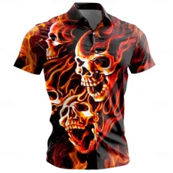 New OUKU Men's Skull Flame Halloween Costumes Shirt Button Up Shirt Short Sleeve Casual Dark Daily Holiday Summer Turndown Button Up 3D Print Red