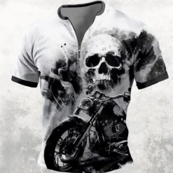 Clearance OUKU Men's Skull Flame Motorcycle T Shirt Short Sleeve T shirt 3D Print Half Zip Shirt Retro Vintage Street Casual Daily Black Orange Summer Spring Clothing Apparel S M L XL XXL XXXL