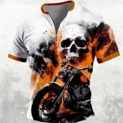 Clearance OUKU Men's Skull Flame Motorcycle T Shirt Short Sleeve T shirt 3D Print Half Zip Shirt Retro Vintage Street Casual Daily Black Orange Summer Spring Clothing Apparel S M L XL XXL XXXL