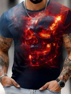 Hot OUKU Men's Skull Flame T Shirt Short Sleeve T shirt 3D Print Crew Neck Shirt Exaggerated Designer Party Holiday Club Red Blue Summer Spring Clothing Apparel S M L XL XXL XXXL
