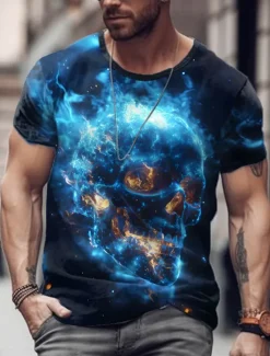 Hot OUKU Men's Skull Flame T Shirt Short Sleeve T shirt 3D Print Crew Neck Shirt Exaggerated Designer Party Holiday Club Red Blue Summer Spring Clothing Apparel S M L XL XXL XXXL
