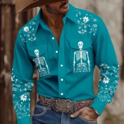Best OUKU Men's Skull Floral Print Flowers Shirt Western Shirt Cowboy Shirt Long Sleeve Vintage Retro Outdoor Casual WorkWear Spring Fall Turndown Front Two Pockets Linen Like Shirt Button Up Shirts Pink Blue