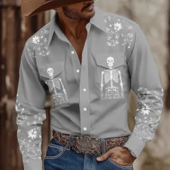 Best OUKU Men's Skull Floral Print Flowers Shirt Western Shirt Cowboy Shirt Long Sleeve Vintage Retro Outdoor Casual WorkWear Spring Fall Turndown Front Two Pockets Linen Like Shirt Button Up Shirts Pink Blue