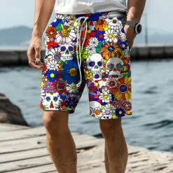 New OUKU Men's Skull Flower / Floral Swim Trunks Swim Shorts Board Shorts Mid Waist Vacation Hawaiian Holiday Vacation Holiday Beach Drawstring with Mesh lining Elastic Waist Designer Clothing Apparel