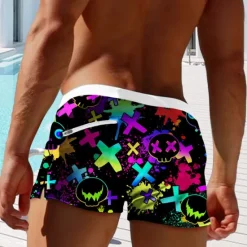 Best OUKU Men's Skull Geometric Pattern Neon Swim Trunks Swim Shorts Board Shorts Mid Waist Fashion Designer Surfing Holiday Beach Pocket Drawstring Elastic Waist Designer Clothing Apparel Black