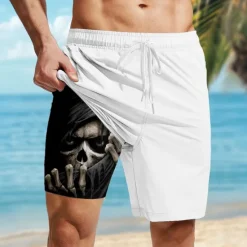 Online OUKU Men's Skull Gothic Halloween Costumes Lined Shorts 2 in 1 Board Shorts Swim Shorts Mid Waist Retro Vintage Hawaiian Holiday Streetwear Side Pockets With Compression Liner Elastic Drawstring Waist White